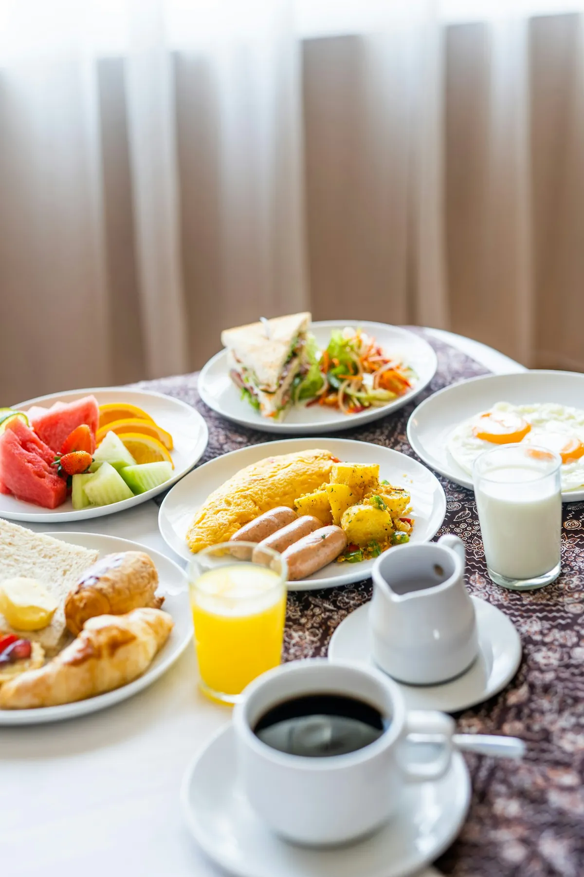 A breakfast spread on a table