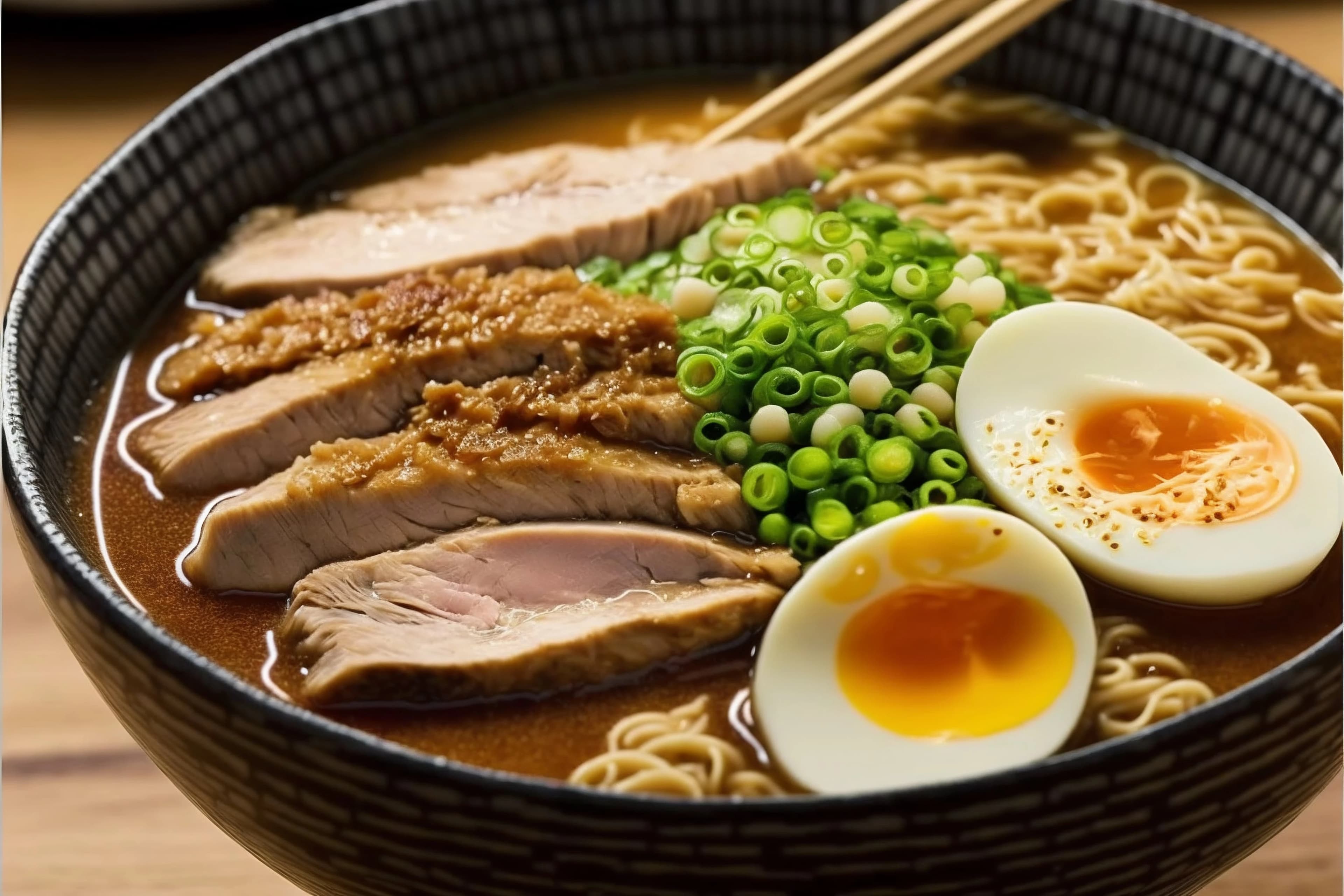 A bowl of ramen with noodles and toppings